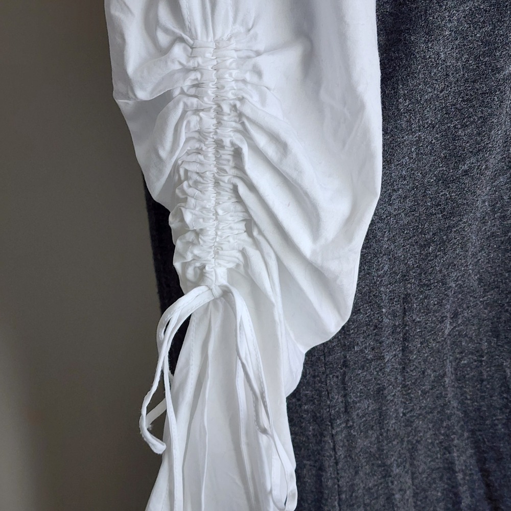 Shift Dress Womens Large Gray White Ruched Bell Sleeve Peasant Prairie Cottage - Picture 4 of 14